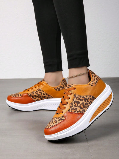 Brown Leopard Printed Thick Sole Sneakers: Stylish and Waterproof Comfort