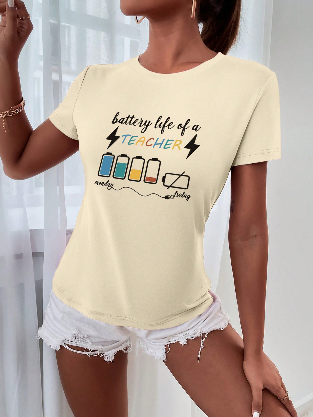 Elevate your teaching with the Power Up Your Classroom Style: Essence Battery Life Graphic T-Shirt. With its lightweight material and long-lasting battery design, this shirt will keep you looking and feeling cool while you educate. Show off your love for teaching with this stylish and functional t-shirt.