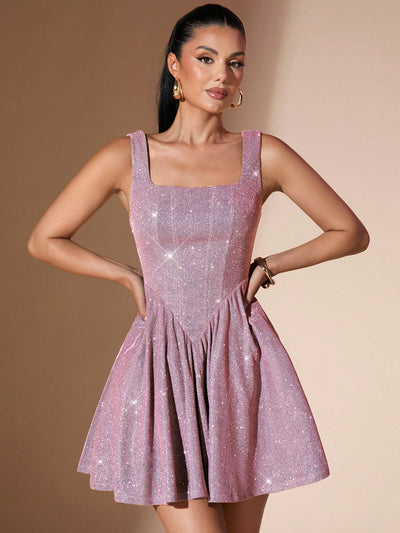 Sparkling Elegance: Women's Sleeveless Pleated Sequin Dress for All Seasons