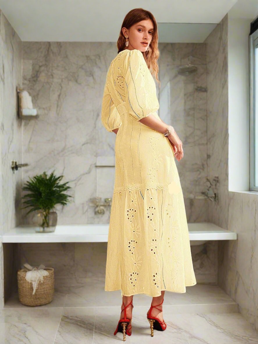 This White Blossom Maxi Dress features beautiful floral lace, a flattering v-neckline, and a trendy split hem. Perfect for any occasion, this dress is both elegant and stylish. The delicate lace adds a touch of femininity, while the v-neck and split hem give a modern and chic look.