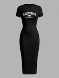 Close-up view of chic plus-size summer dress with california slogan - casual minimalist style for effortless fashion with summer styling for summer casual wear