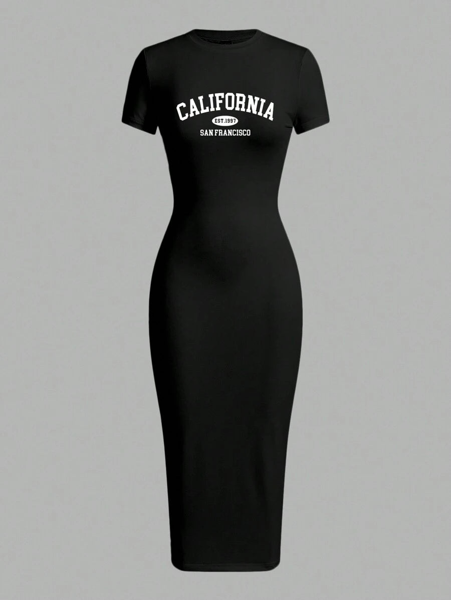 Close-up view of chic plus-size summer dress with california slogan - casual minimalist style for effortless fashion with summer styling for summer casual wear