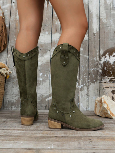 Chic Olive Green Studded Knee-High Western Cowboy Boots for Stylish Fall & Winter Looks