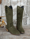 Chic Olive Green Studded Knee-High Western Cowboy Boots for Stylish Fall & Winter Looks