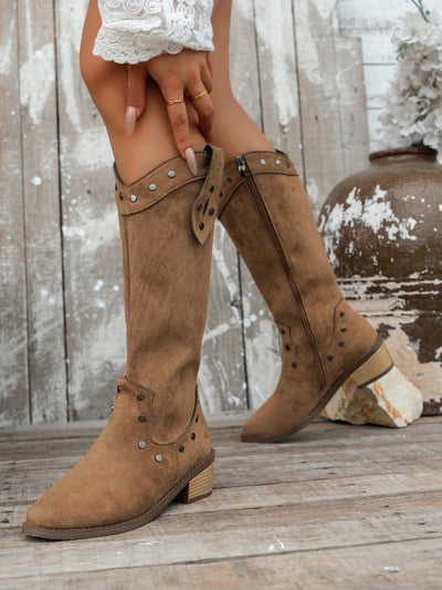 Chic Olive Green Studded Knee-High Western Cowboy Boots for Stylish Fall & Winter Looks