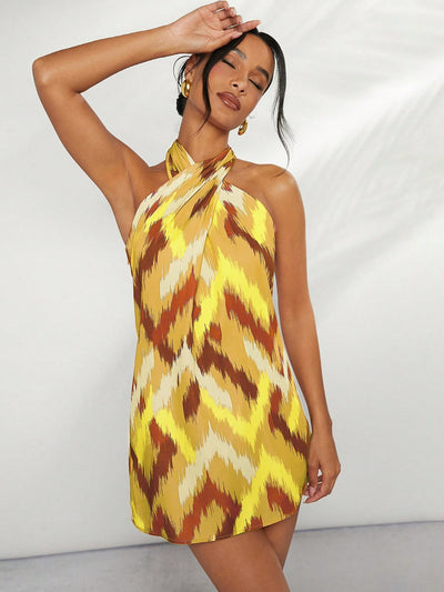 Radiate Elegance with Chevron Cross Halter Backless Dress