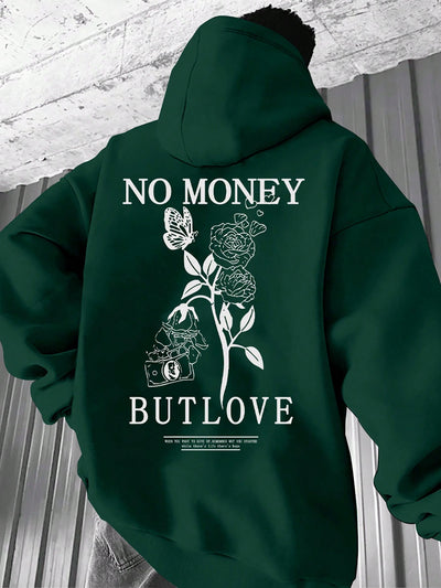 Floral Comfort: Men's Hooded Sweatshirt with Printed Slogan and Flowers