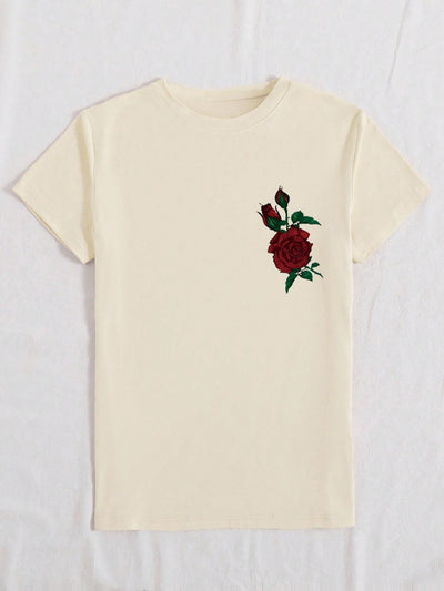 Chic & Casual: Women's Rose Letter Print Short Sleeve T-Shirt