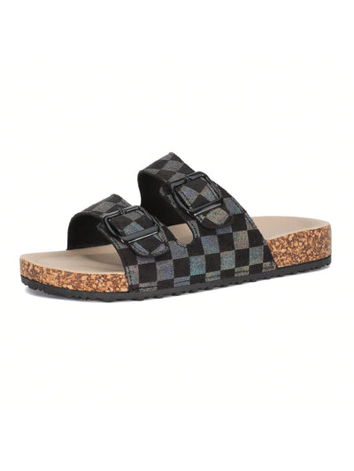 Dreamy Checkered Flatform Slides: Double Buckle Comfort with Nature-Cork Footbed