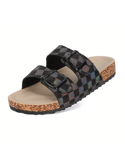 Dreamy Checkered Flatform Slides: Double Buckle Comfort with Nature-Cork Footbed