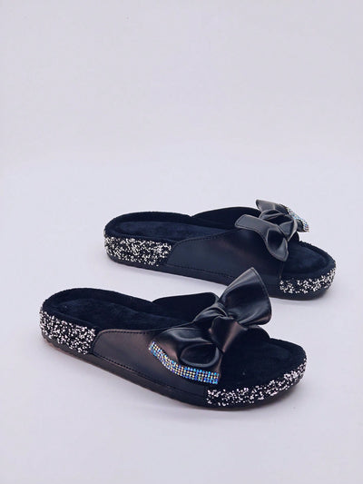 Black Bow Knot Diamond Studded Slide Sandals: Trendy Flats for Beach Vacation