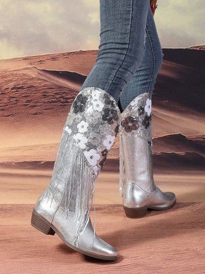 Sleek and Chic: Women's Silver Floral Sequin Tassel Trim Knight Boots for Fall/Winter Fashion