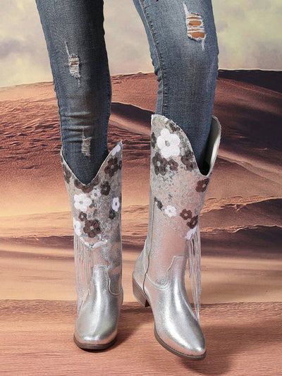 Sleek and Chic: Women's Silver Floral Sequin Tassel Trim Knight Boots for Fall/Winter Fashion