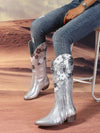 Sleek and Chic: Women's Silver Floral Sequin Tassel Trim Knight Boots for Fall/Winter Fashion