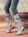 Sleek and Chic: Women's Silver Floral Sequin Tassel Trim Knight Boots for Fall/Winter Fashion