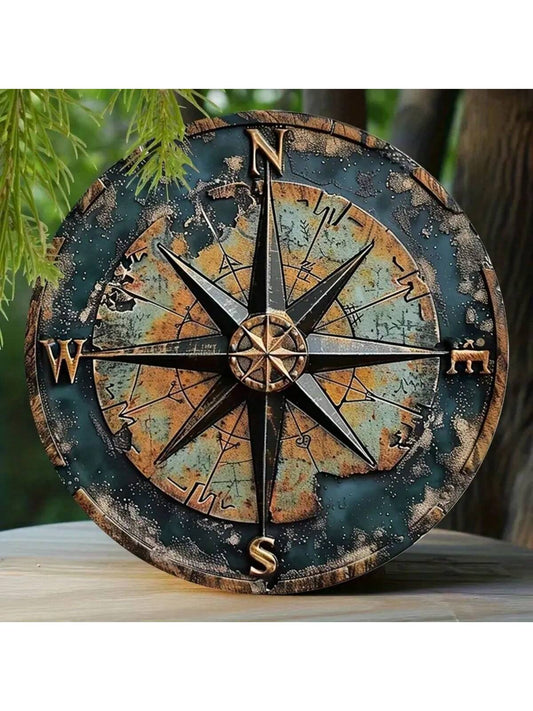 Vintage Viking Compass Star Metal Wall Decor - 8x8 Inch Rustic Plaque for Home and Yard