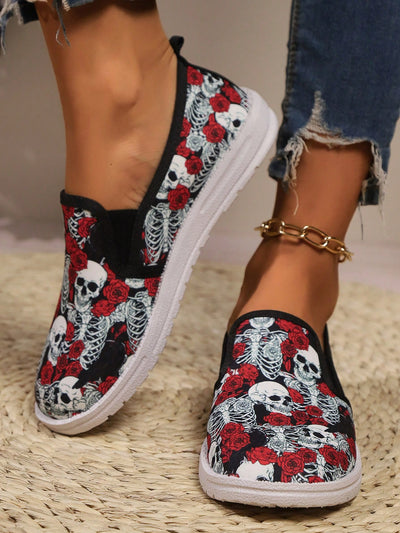 Skull and Rose Patterned Halloween Sneakers: Spooky Style with Comfortable Flair