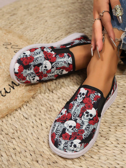 Skull and Rose Patterned Halloween Sneakers: Spooky Style with Comfortable Flair