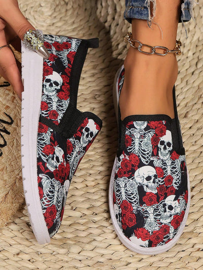 Skull and Rose Patterned Halloween Sneakers: Spooky Style with Comfortable Flair