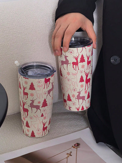 Festive Reindeer & Christmas Tree Insulated Tumbler - 20oz Travel Mug for Holiday Cheer