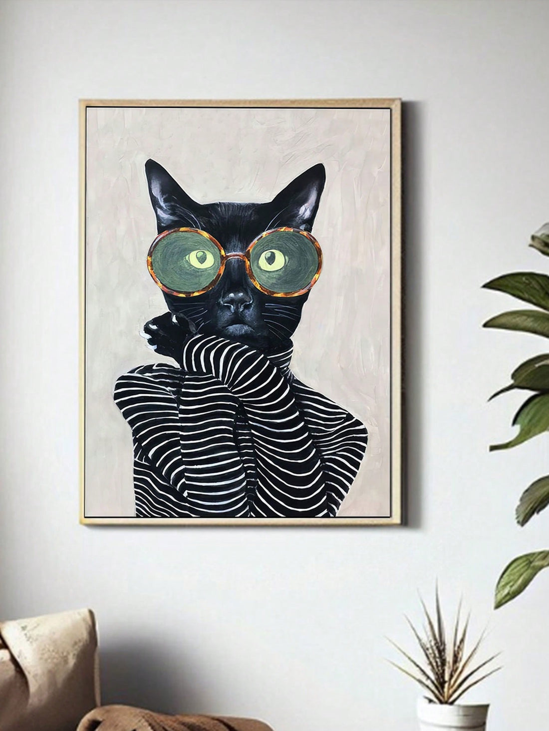 Elevate your home decor with our Chic Feline Fashion Canvas Art featuring a stylish cat in a striped shirt and round glasses. Made with premium canvas material, this wall decor adds a touch of sophistication and charm to any room. A must-have for cat lovers and fashion enthusiasts alike.