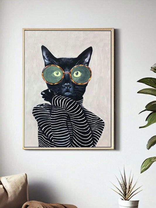 Chic Feline Fashion Canvas Art - Striped Shirt & Round Glasses Cat Wall Decor