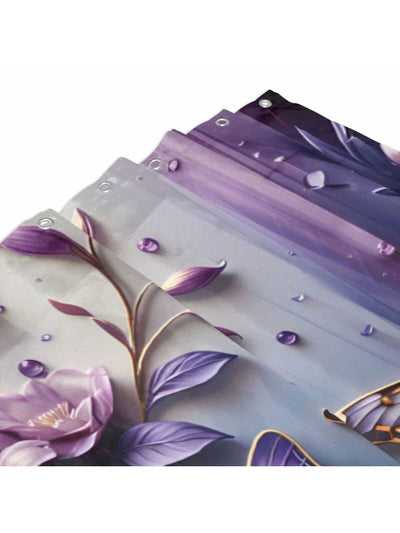 Enchanting Purple Butterfly & Floral Shower Curtain Set - 3D Visual Effect with Matching Bathroom Mat & Hooks