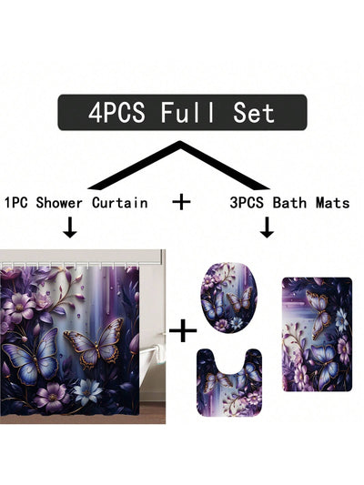 Enchanting Purple Butterfly & Floral Shower Curtain Set - 3D Visual Effect with Matching Bathroom Mat & Hooks