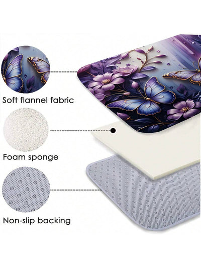 Enchanting Purple Butterfly & Floral Shower Curtain Set - 3D Visual Effect with Matching Bathroom Mat & Hooks