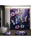 Enchanting Purple Butterfly & Floral Shower Curtain Set - 3D Visual Effect with Matching Bathroom Mat & Hooks