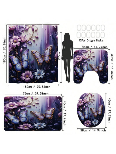 Enchanting Purple Butterfly & Floral Shower Curtain Set - 3D Visual Effect with Matching Bathroom Mat & Hooks