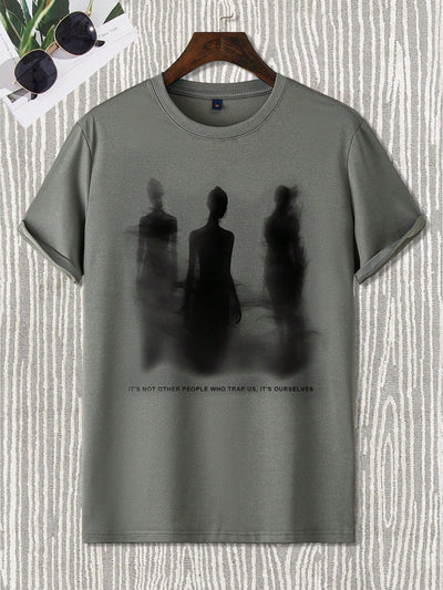 Men's Summer Casual T-Shirt with Slogan and Illusional Figure Print