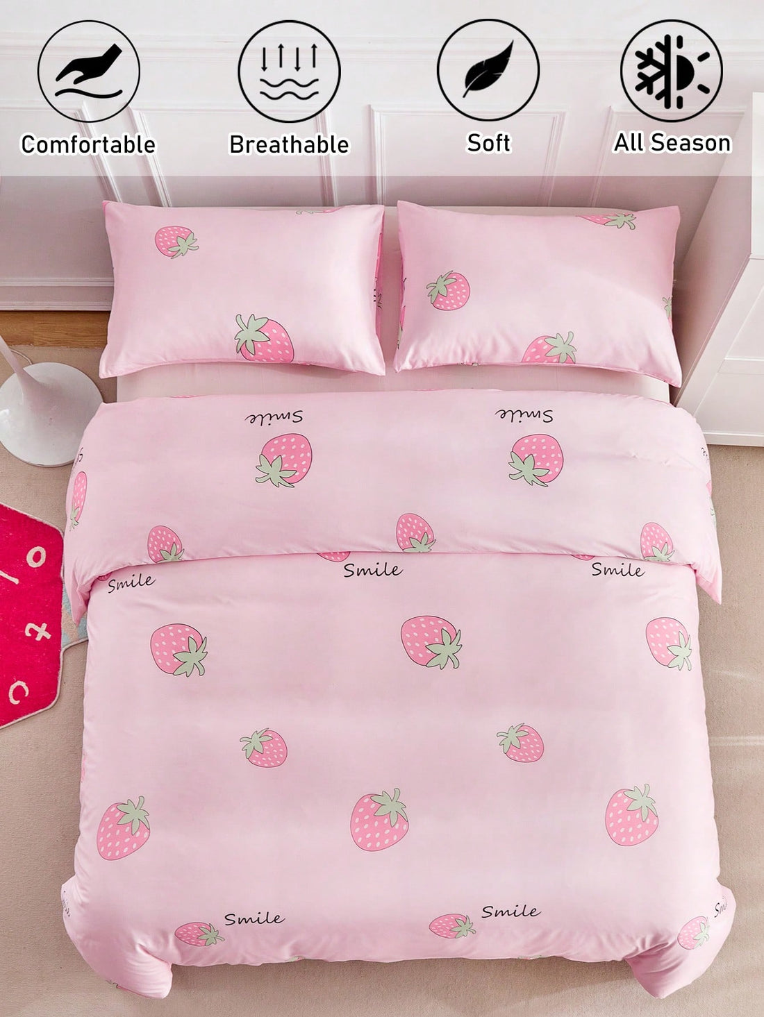 Experience the sweetness of Strawberry Fields Forever with this 3-piece children bedding set. Made from luxurious pink polyester, this set features a reversible design for versatile style options. Give your child a cozy and stylish sleep with this set.