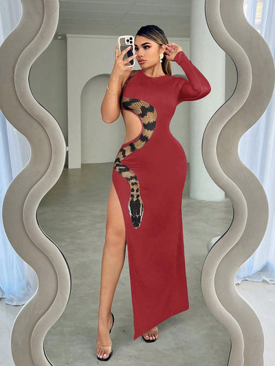 Slither in Style: Snake Skin Animal Print One Shoulder Dress