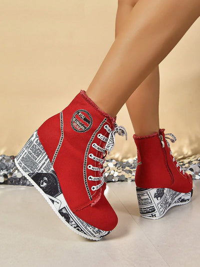 Graffiti Embroidered Winter Wedge Boots: Stay Warm in Style