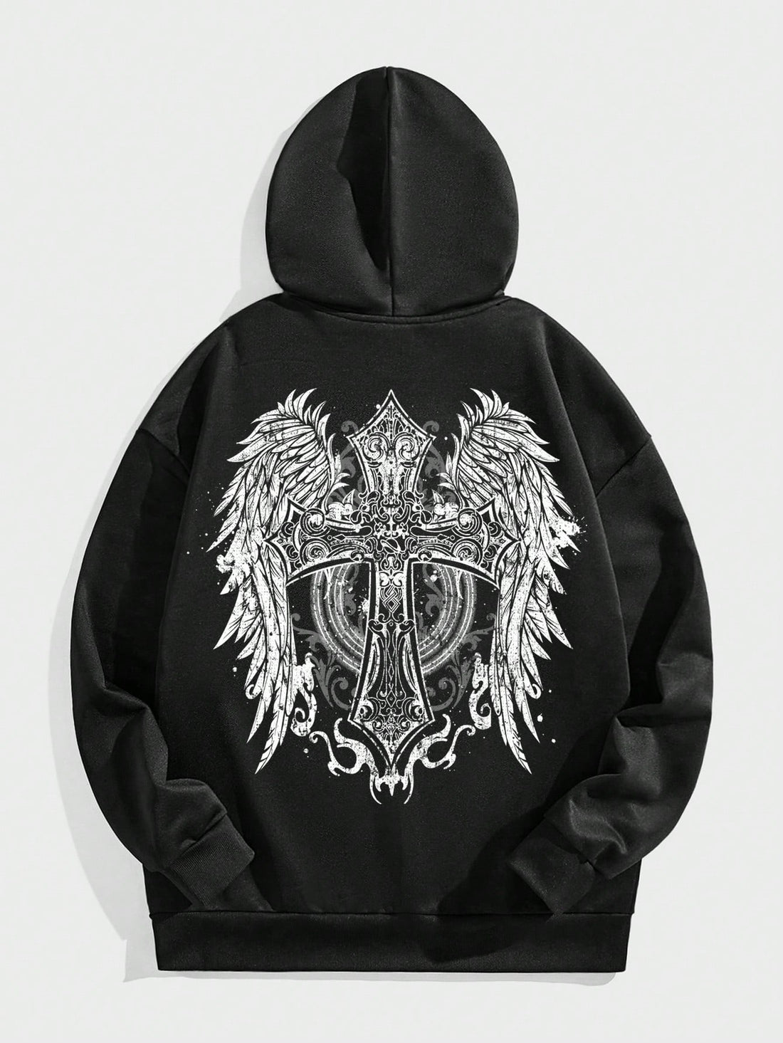 Introducing the ultimate street style hoodie for men. The black sweatshirt features a vintage gothic angel wings and cross design, perfect for adding a touch of edginess to your wardrobe. Made with quality materials, this hoodie provides both style and comfort.