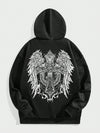 Men's Black Street Style Hooded Sweatshirt with Vintage Gothic Angel Wings and Cross Design