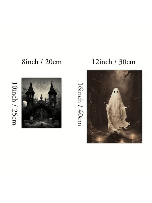 Frightful Delight: Haunted House Canvas Poster Set - Perfect Halloween Decor for Bedroom and Living Room