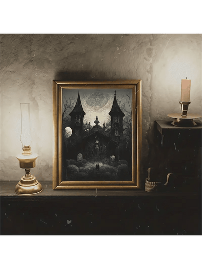 Frightful Delight: Haunted House Canvas Poster Set - Perfect Halloween Decor for Bedroom and Living Room