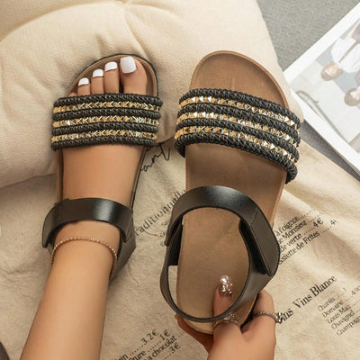 Stylish and Comfortable Black Buckle Flat Sandals for Plus Size Women