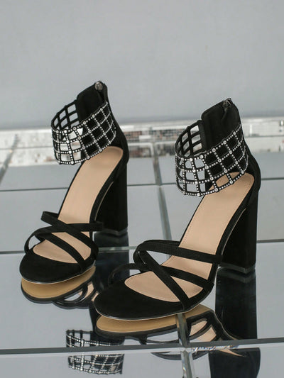 Rhinestone Glam: Black Versatile High Heel Sandals for Stylish Women