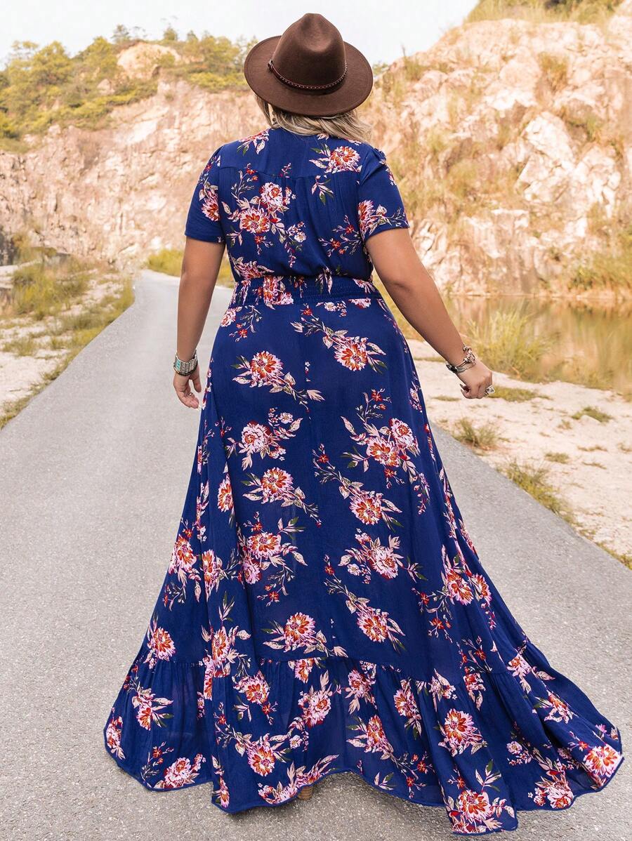 Front view of royal blue floral V-neck maxi dress with smocked waist