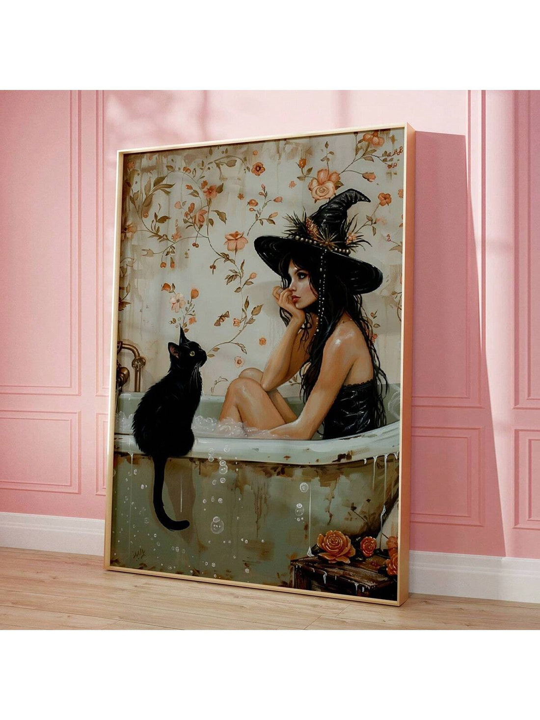 Upgrade your Halloween decor with our Pondering in Bathtub: Light Academia Gothic Poster. This whimsigoth wall art will add a touch of elegance to your home while also providing a spooky vibe. Perfect for those who appreciate the dark yet beautiful aesthetic of light academia.