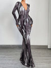 Gradient Glam: V-Neck Long Sleeve Slim Maxi Dress for Effortless Elegance