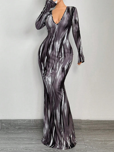 Gradient Glam: V-Neck Long Sleeve Slim Maxi Dress for Effortless Elegance