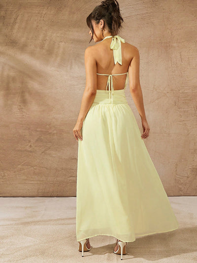 Chic Solid Color Halter Tie Back Ruched Long Dress - Perfect for Casual Holidays