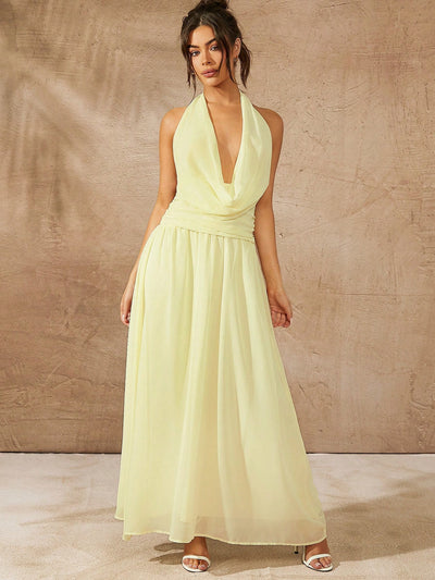 Chic Solid Color Halter Tie Back Ruched Long Dress - Perfect for Casual Holidays