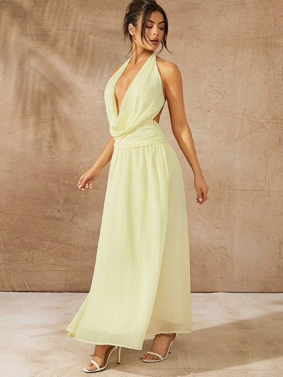 Chic Solid Color Halter Tie Back Ruched Long Dress - Perfect for Casual Holidays