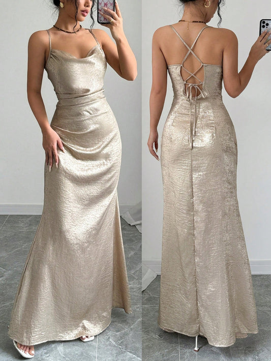 Elegant Metallic Draped Neck Sling Dress - Perfect for Parties