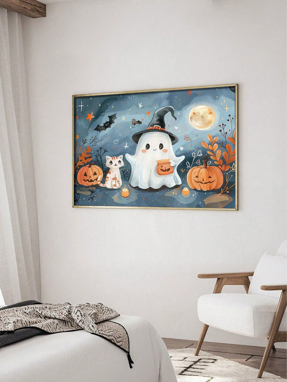 This Whimsical Halloween Canvas Poster features a playful design of a cat and ghost, perfect for adding a touch of holiday charm to any room. Made with high-quality canvas material, it adds a unique and spooky touch to your Halloween decor. Enhance your space with this fun and festive poster.